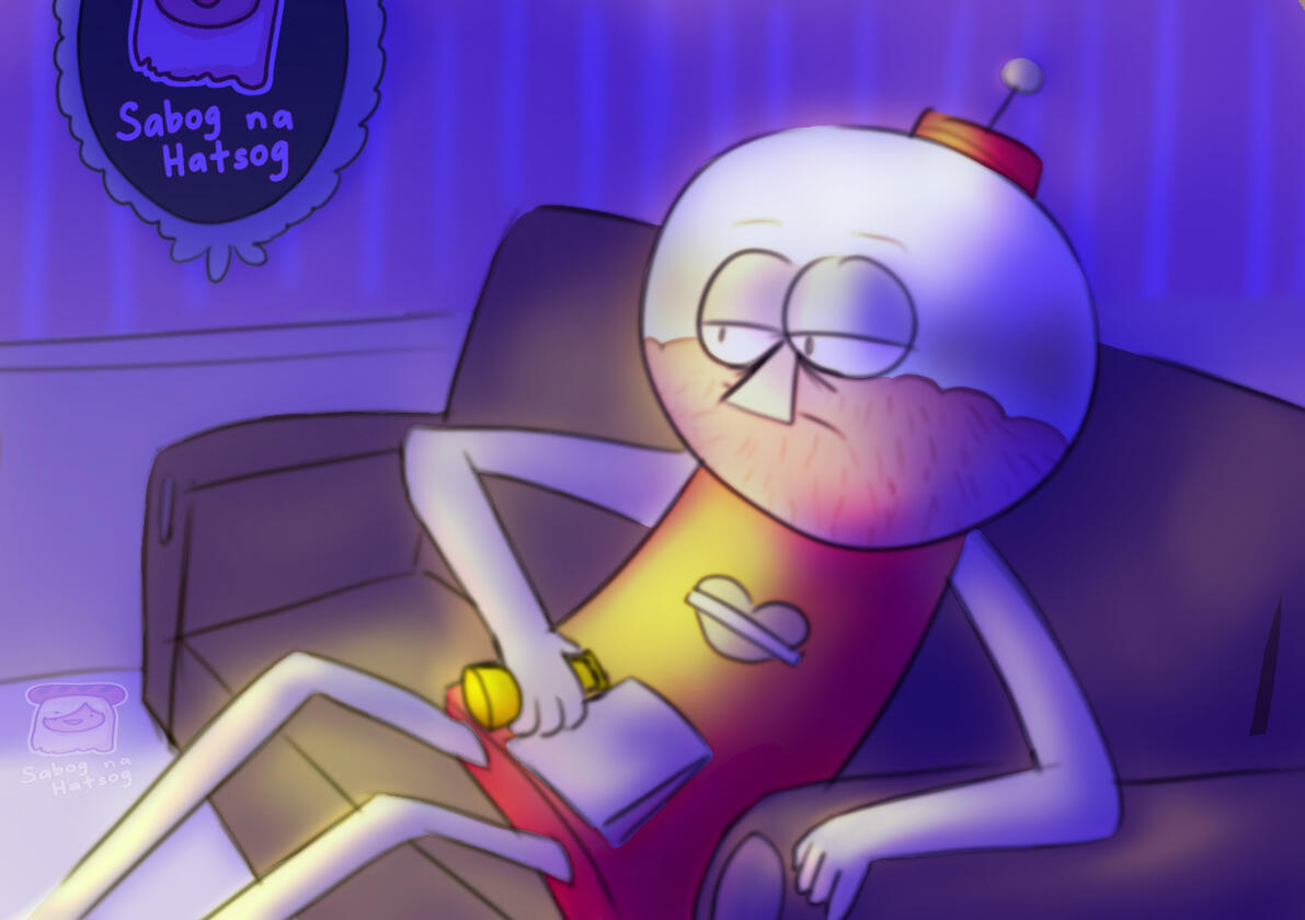 Benson from Regular Show is lying on the couch with a beer in his hand. The room is dark, there is a yellow glow infront of Benson that isn't shown on screen.